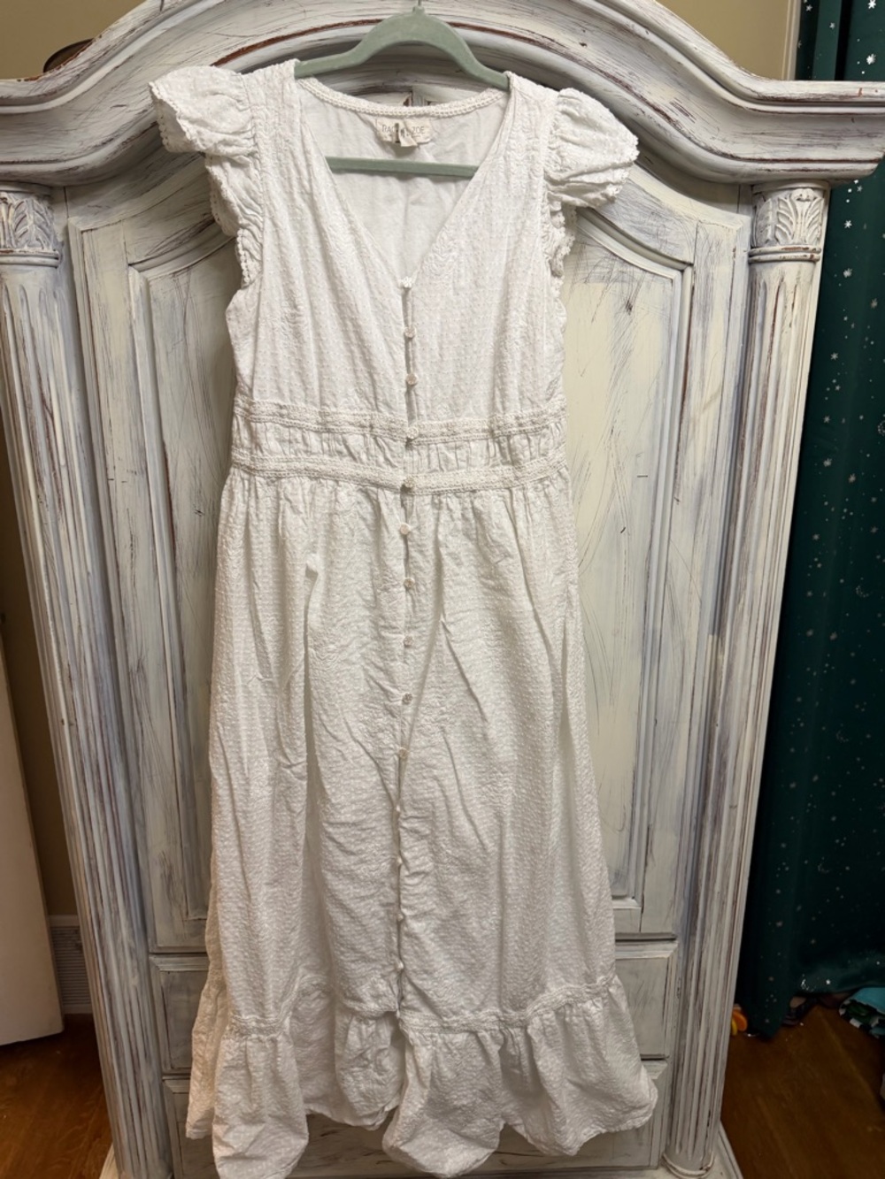Rachel Zoe White Boho Midi Dress Size 10 Cottagecore Button Front Ruffle Sleeve